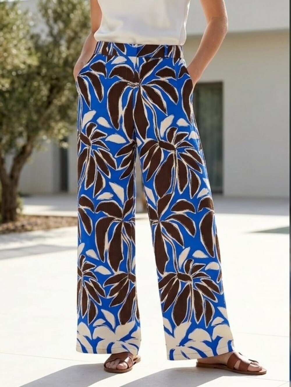Zara Tropical Palm Print Wide Leg Pants Blue Brown Cream - Size XS - NWOT! - Picture 15 of 15